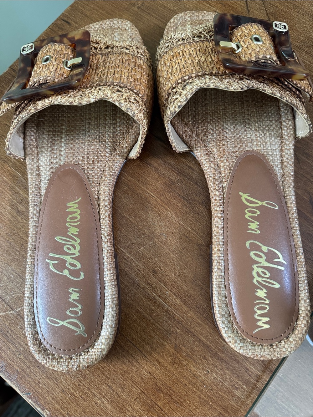 Sam Edelman Woven Tan Slide Mules with Tortoiseshell Buckle - Picture 2 of 4